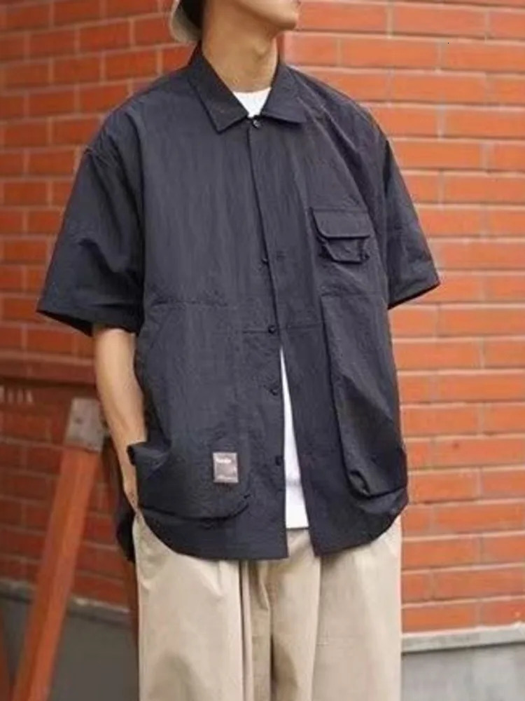 Cityboy Pocket Cargo Shirt Mens 2023 Summer Hunting Style Solid Color Collar Single Chest Short Sleeve Loose 241209