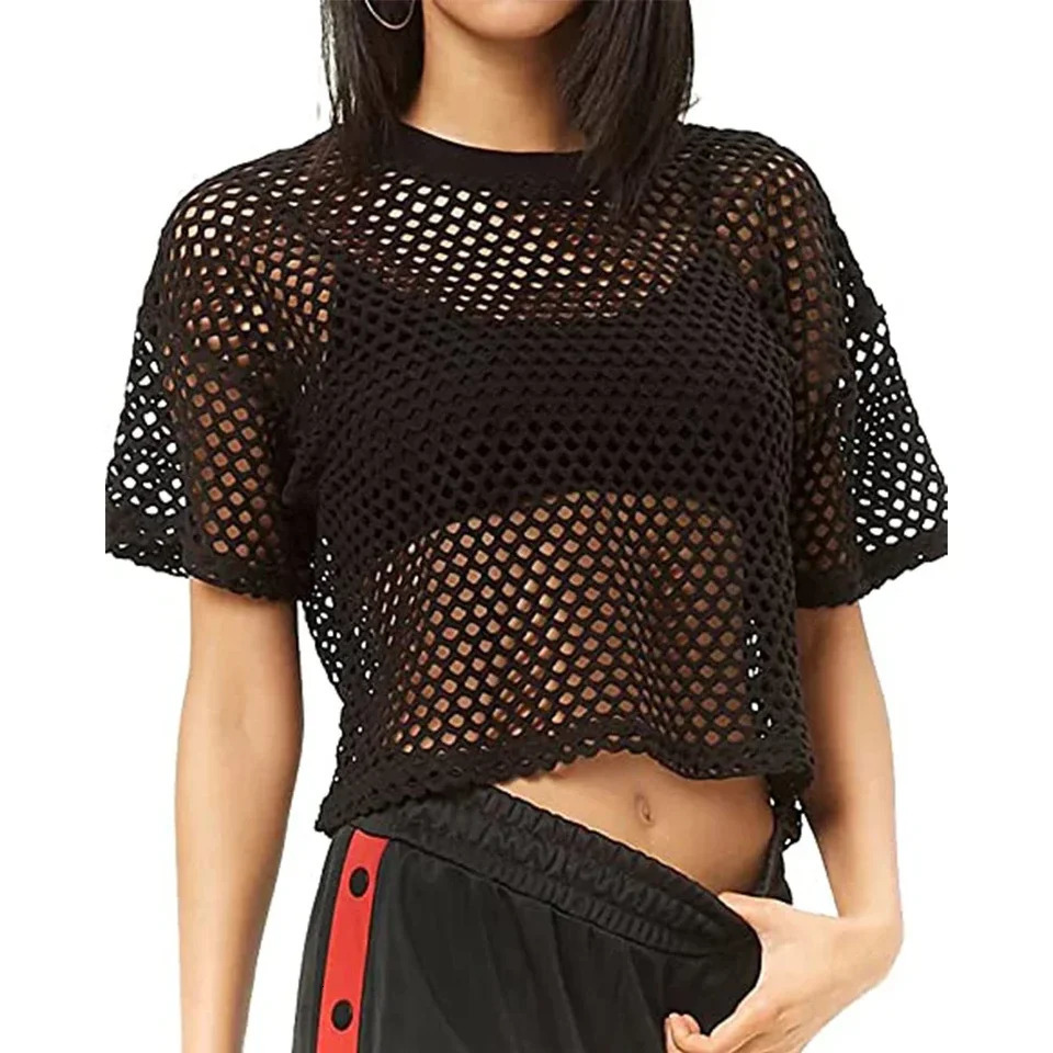 Womens Tshirt sexy fishnet vest crop top casual shirt summer street basic transparent hollow 241209