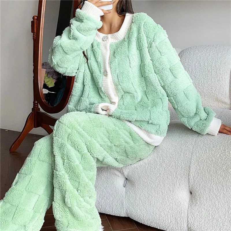 Women Pyjamas Sets Autumn Winter Warm Flannel Thick Homewear Long Sleeve Solid Color Sleepwear Female Pajamas SuitC241209C250109