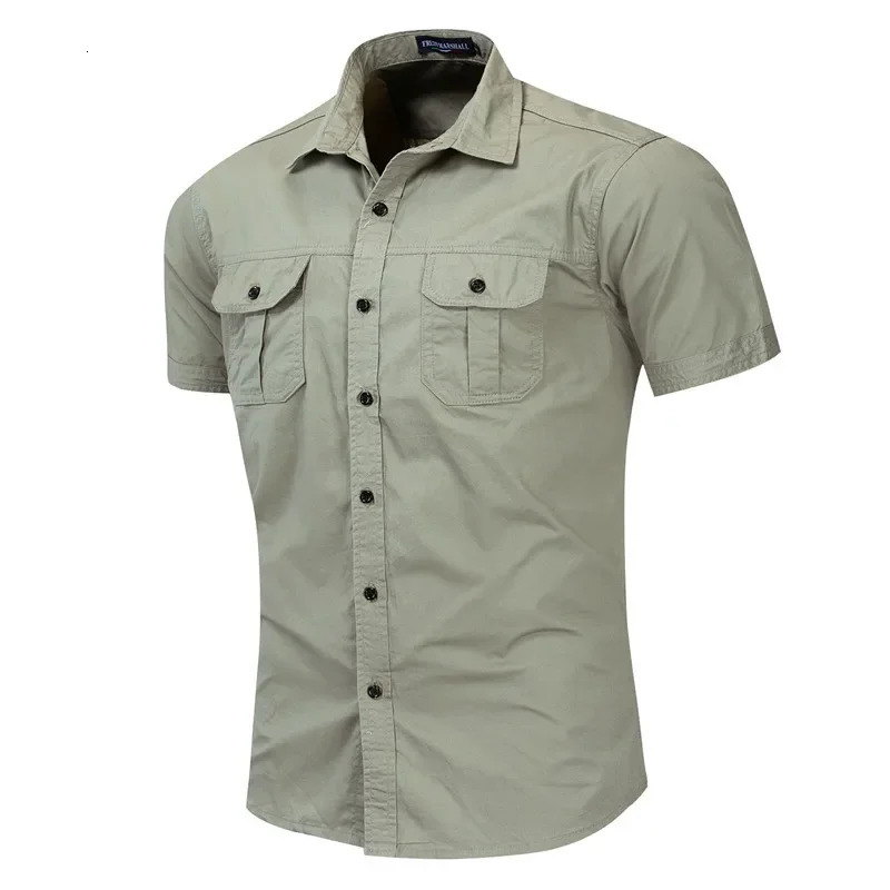 Fashion mens casual business shirt short sleeved military cargo highquality cotton work top clothing 241209
