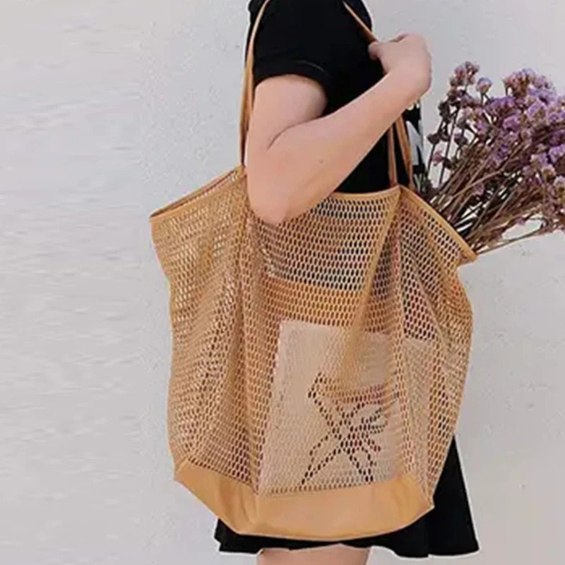 Summer Mesh Handbag Womens Shoulder Bag Beach Bag High Capacity Shopping Bag Womens Storage Bag 241205