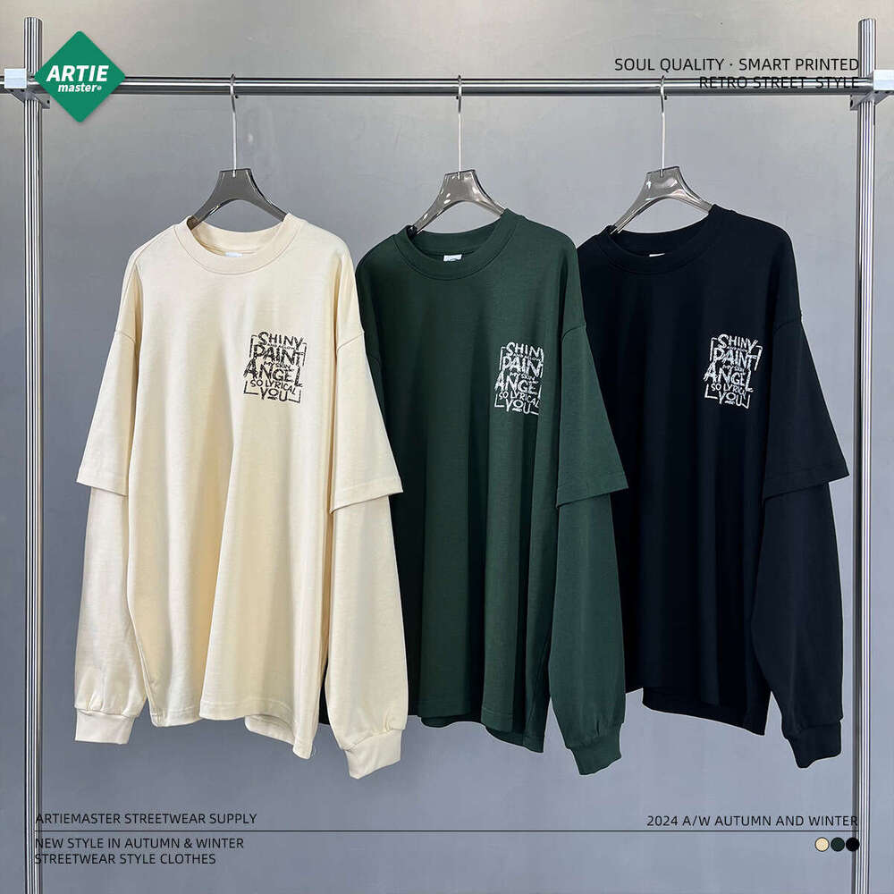 2024 Autumn New Product Oversize Printed 305g Fake Two Piece Splicing Long Sleeve T-shirt Men's Street Trendy American Round Neck T