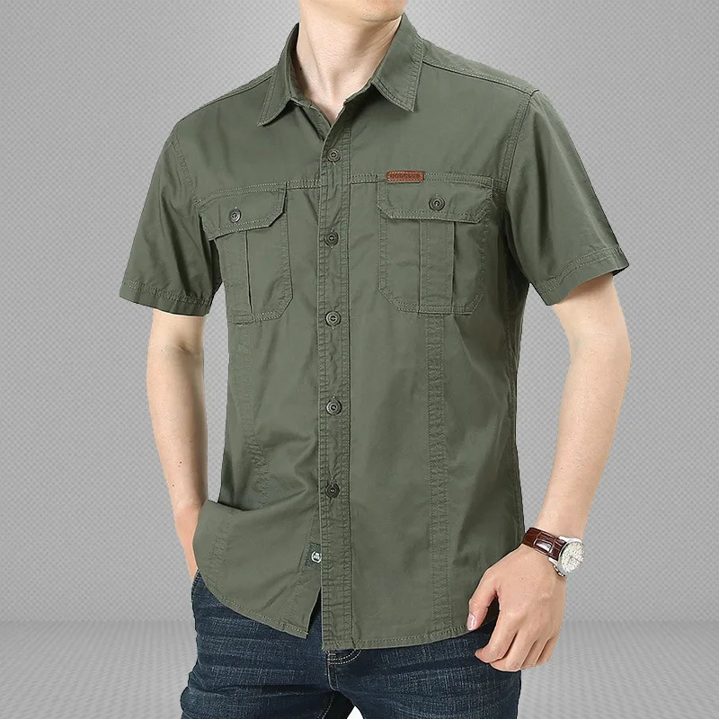 2024 Summer Green Mens Short Sleeve Casual Shirt Combat Tactical Multi Pocket Set Oversized 5XL 241209