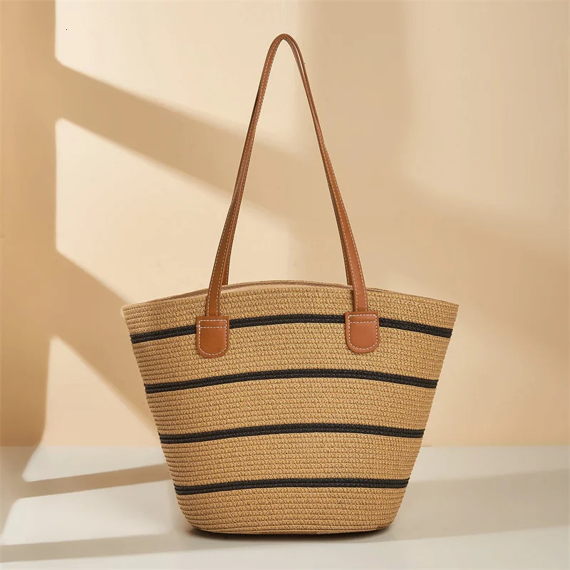 Womens Fashion Striped Summer Beach Straw Knitted Shoulder Bag Hollow Handbag Portable Large Capacity Casual Handbag 241205