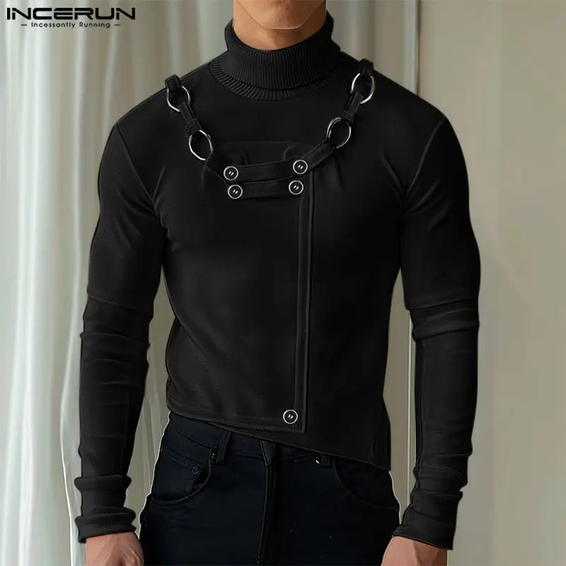 Autumn Fashion Men Clothing INCERUN Metal Buckle Sweaters Casual Streetwear Male Solid High Neck Long Sleeved Pullovers 241209