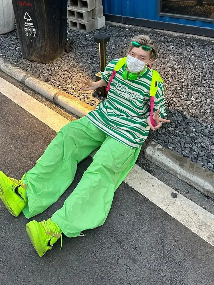 DEEPTOWN Oversize Y2K Green Cargo Parachute Pants Men Japanese Fashion Casual Trousers Male Baggy Streetwear Hiphip Sport Kpop 241209