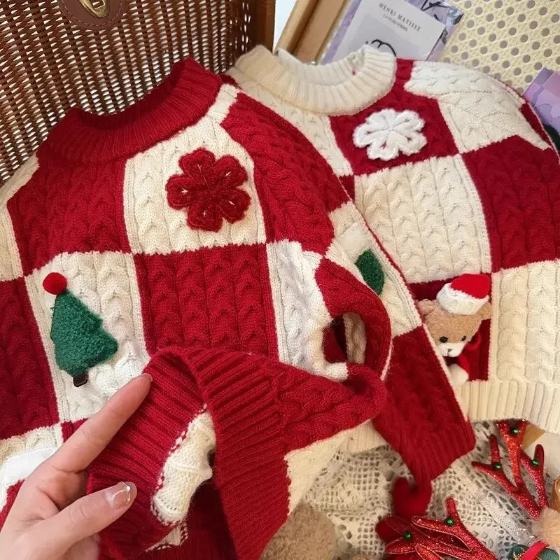 Childrens Red Checkered Sweater Year Greetings Autumn and Winter Christmas Knitted Sweater Winter Warm Bottom Pants 241210