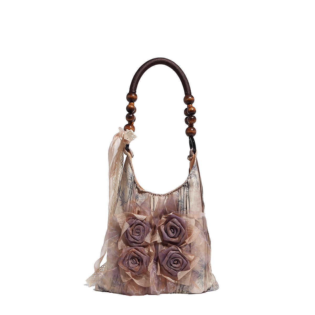 Chinese style tie dye rose flower bag, pleated armpit bag, commuting tote bag, single shoulder handbag 241215