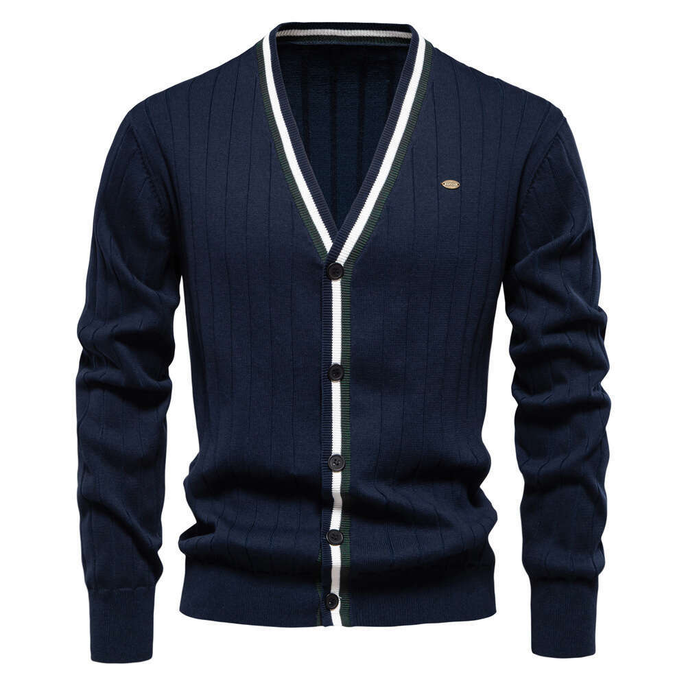 2024 autumn and winter new cardigan V-neck long sleeved sweater trendy style contrasting border men's knitted jacket
