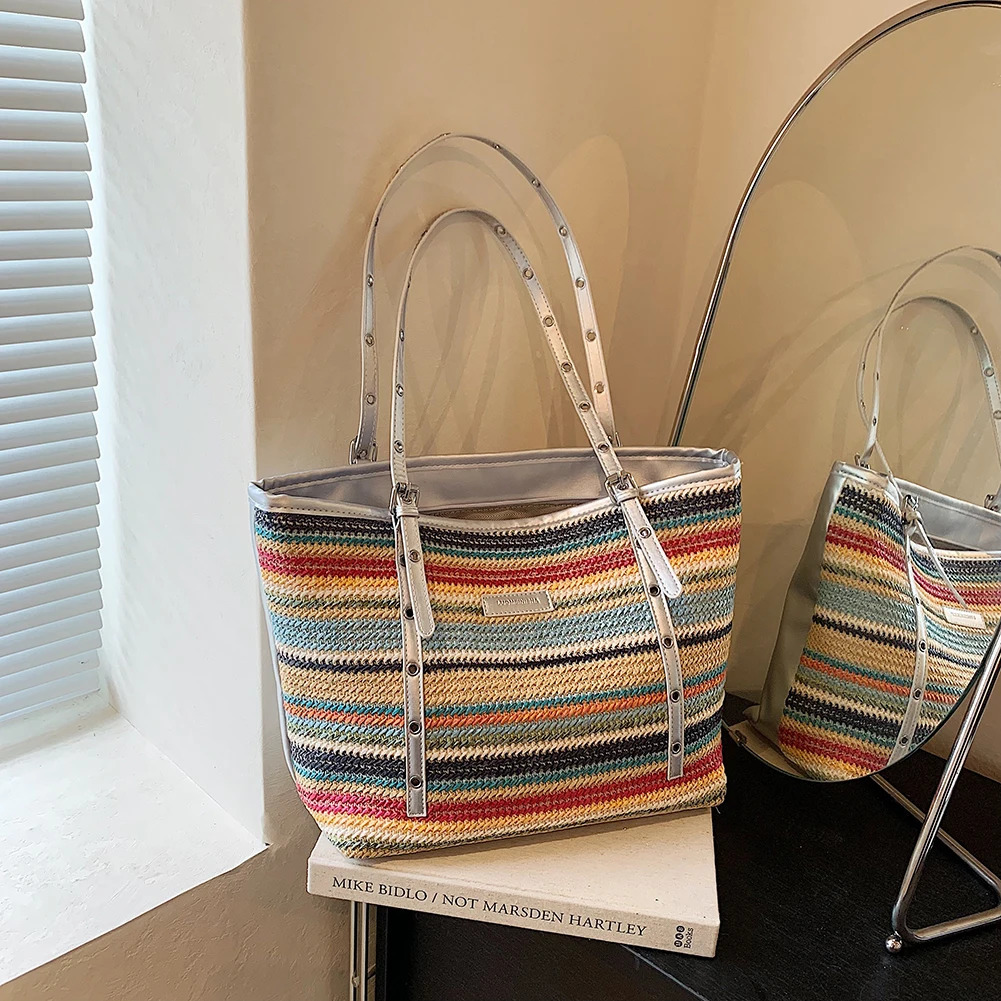 Womens colorful crochet beach handbag large capacity woven travel bag minimal splicing work handbag womens summer handbag 241205