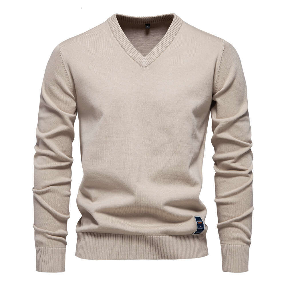 2024 Autumn/Winter New Cotton Solid Color V-neck Trendy Men's Knitted Sweater