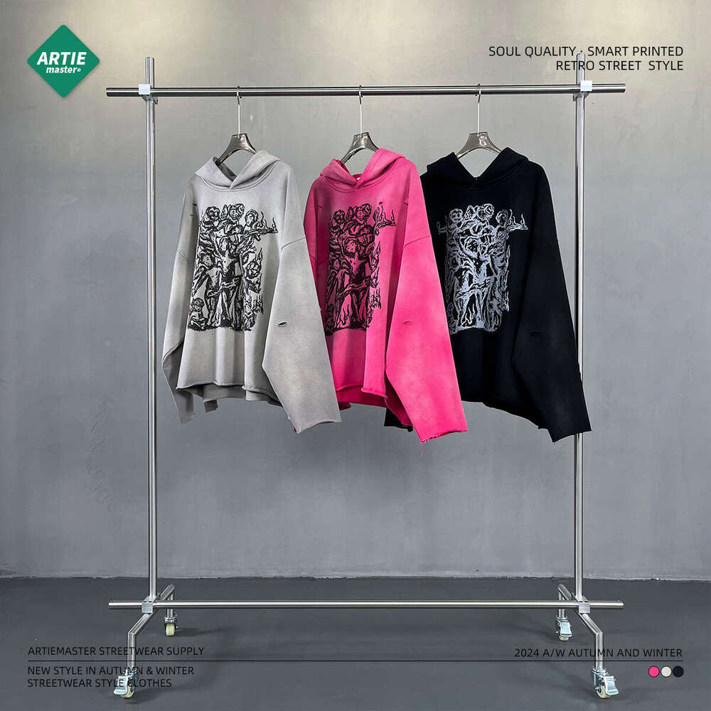New products for autumn 2024: Irregular holes, rough edges, worn out, spray printed with horse chesut, 450G hooded sweatshirt, street trendy hat, T