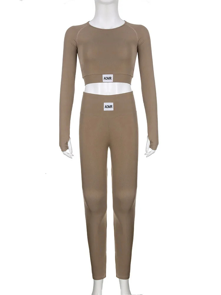 Rockmore Solid Knit Two Piece Set Women Skinny Casual Sporty Legging Long Sleeve Crop TopBodyShaping Female Activewear Outfits 241209