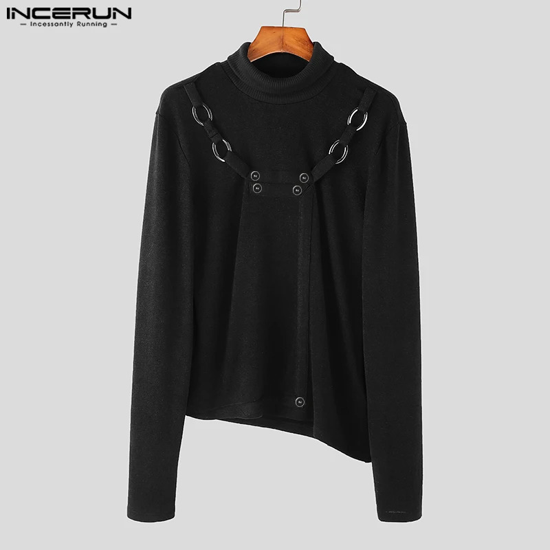 Autumn Fashion Men Clothing INCERUN Metal Buckle Sweaters Casual Streetwear Male Solid High Neck Long Sleeved Pullovers 241209