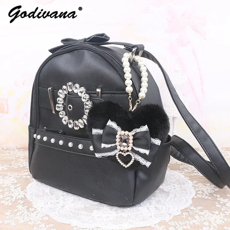Handmade Japanese lace pearl fluffy big love bag pendant cute fur bow bag charm handbag accessories 241205
