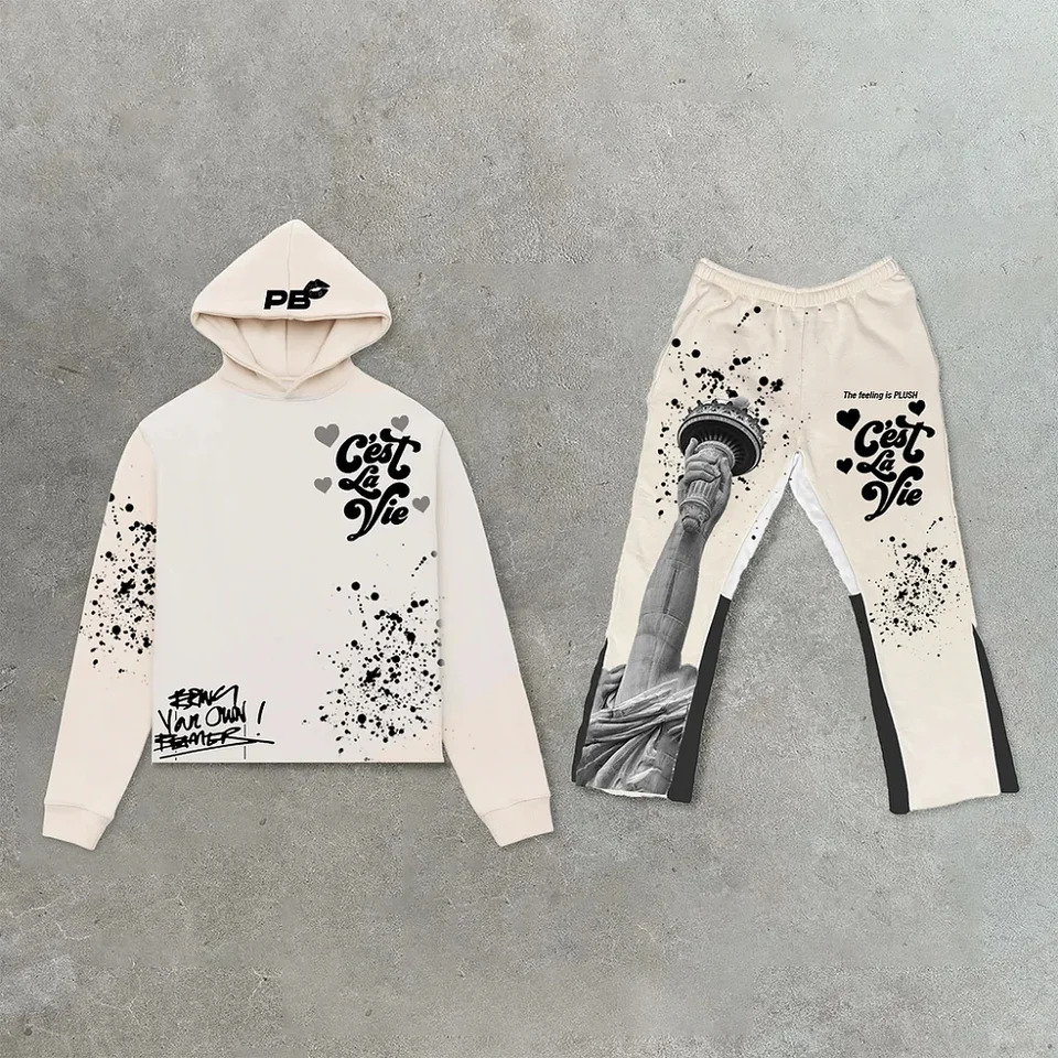 Y2K AutumnWinter Hoodie Suit Flared Trousers Oversized Mens clothing Fashion Trend High Street Pants Casual Sets 241209