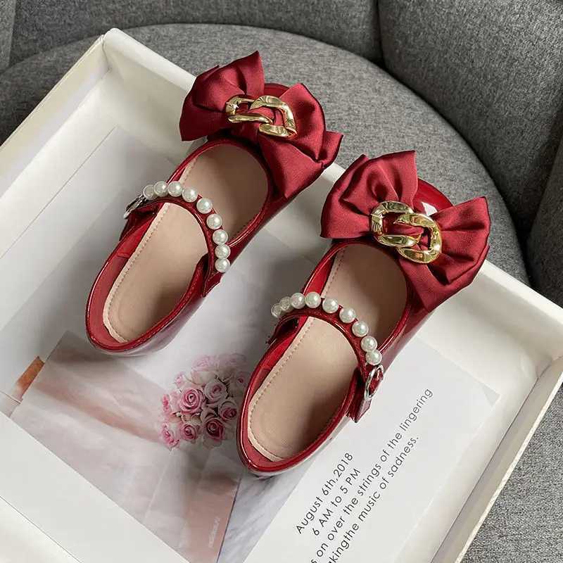 Girls Mary Janes Metal Chain Ribbon Luxury Beautiful Kids Princess Shoes Three Colors 26-36 Wedding Par Children Flat ShoesXJ241209