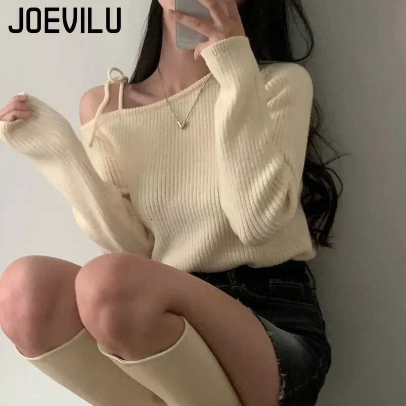 JOEVILU Slanted Collar Tied Irregular Pullover Womens Long Sleeved Knitted Tops Autumn Winter Korean Fashion Red Retro Sweaters 241203