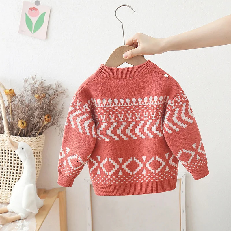 Autumn Winter Childrens Sweater Retro Baby Boy Knitwear Pull up Round Neck 2-8Y Childrens Boy Bottom Top 241210