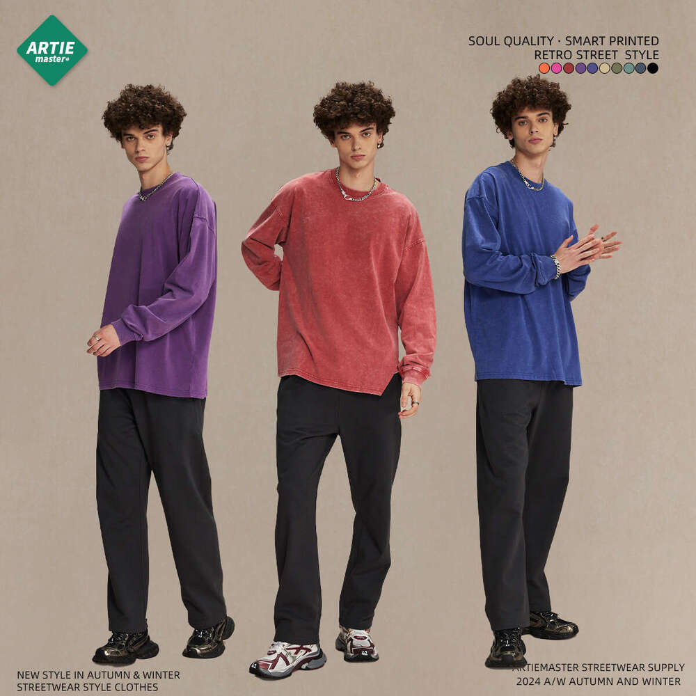 2024 Autumn/Winter New Trendy Brand Heavy Weight 275g Retro Wax Printing Water Washed Sleeve T-shirt Men's Round Neck Couple Top Long T