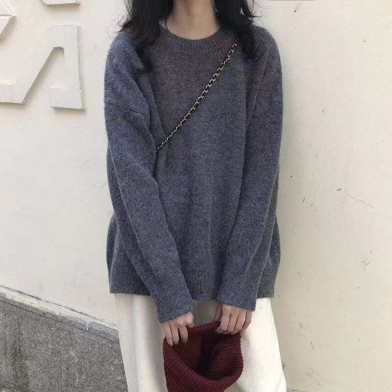 Solid color 2023 lazy style pullover autumn and winter new collection Korean loose round neck knitted sweater for women's outerwear trend