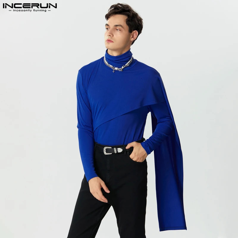 INCERUN Men Irregular Pullovers Solid Color Turtleneck Long Sleeve Knitted Casual Sweaters Streetwear Autumn Clothing 241209