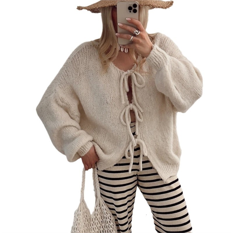 European American Fashion Autumn And Winter New Round Neck Long Sleeved Top Pink Lace Up Sweater Lazy Style Cardigan