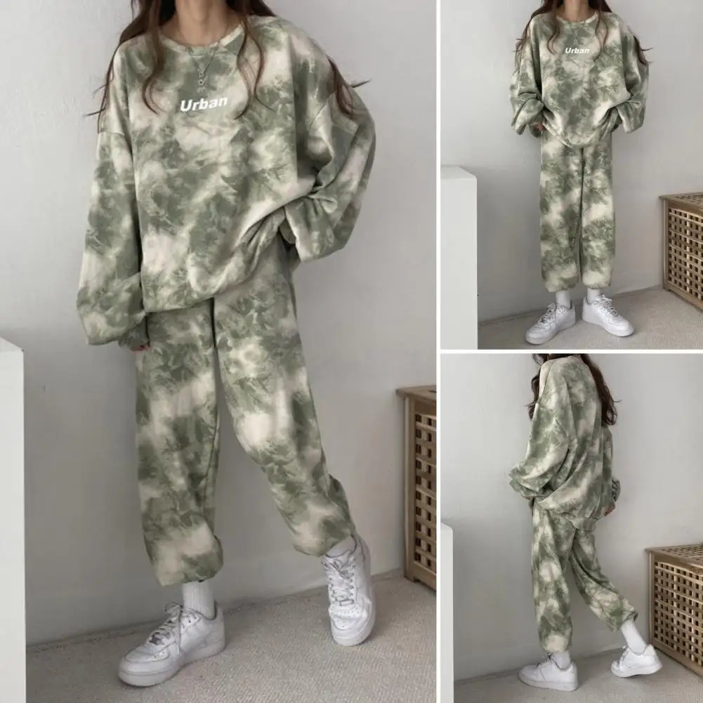 Tiedye Print Outfit Loose Sport Suit Trendy Tie Dye Womens Sportwear Stylish Oneck Pullover Tops for Autumnwinter 241209