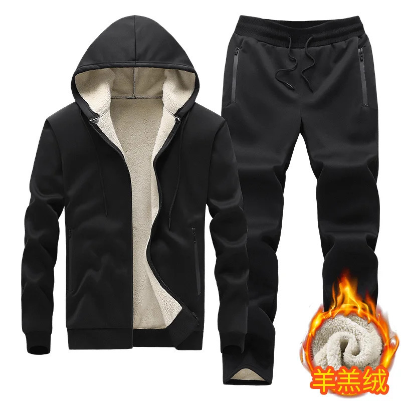 Hooded lambskin medium and elderly large size warm suit with plush thick hoodie jacketthick pants twopiece set 241209