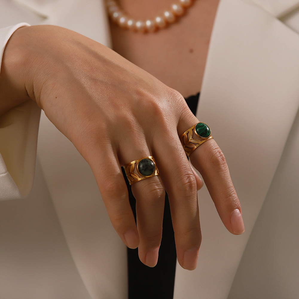 Three Layer Green Turquoise Tiger Eyes Stone Stainless Steel Open Ring for Women Exquisite and Fashionable Plated 18k Gold Non Fading Jewelry
