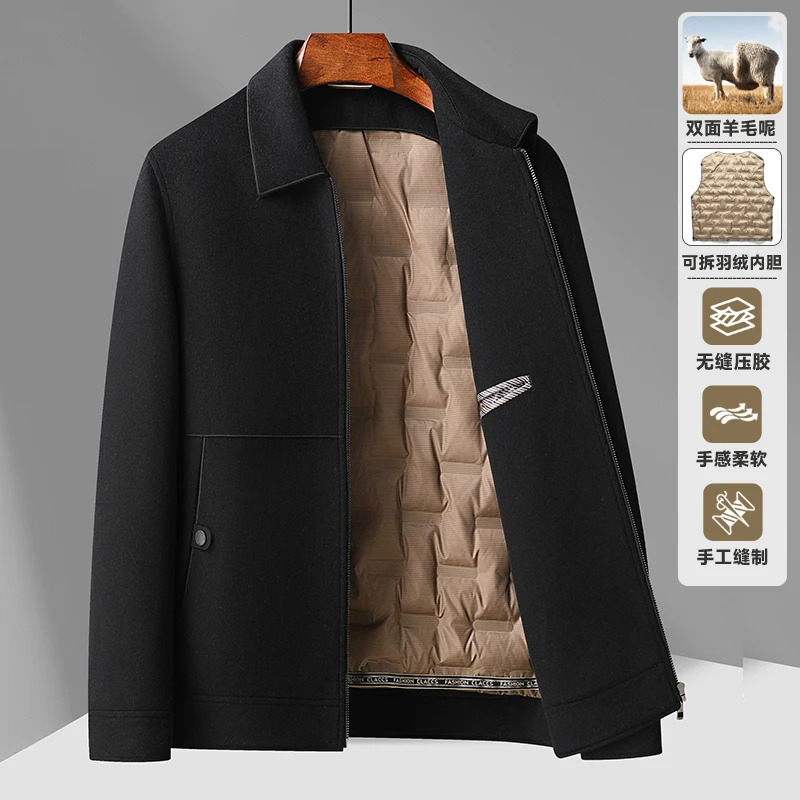 Autumn and Winter Doublesided Wool Mens Outdoor Camping Fashion Casual Lapel Can Be Removed Down Liner Short Jacket 241209