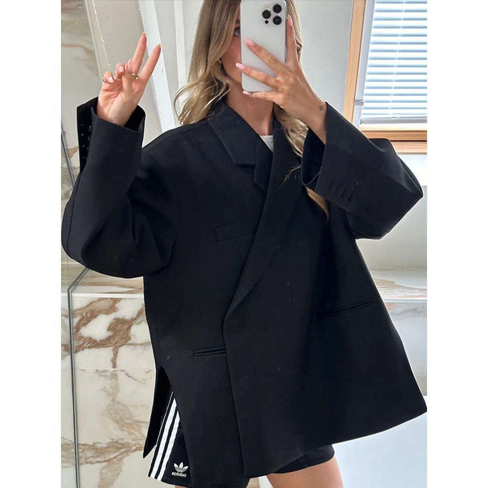 Chic Gray Lapel Button Suit Jacket For Women Elegant Loose Long Sleeves Office Coat New Female High Streetwear Outercoat