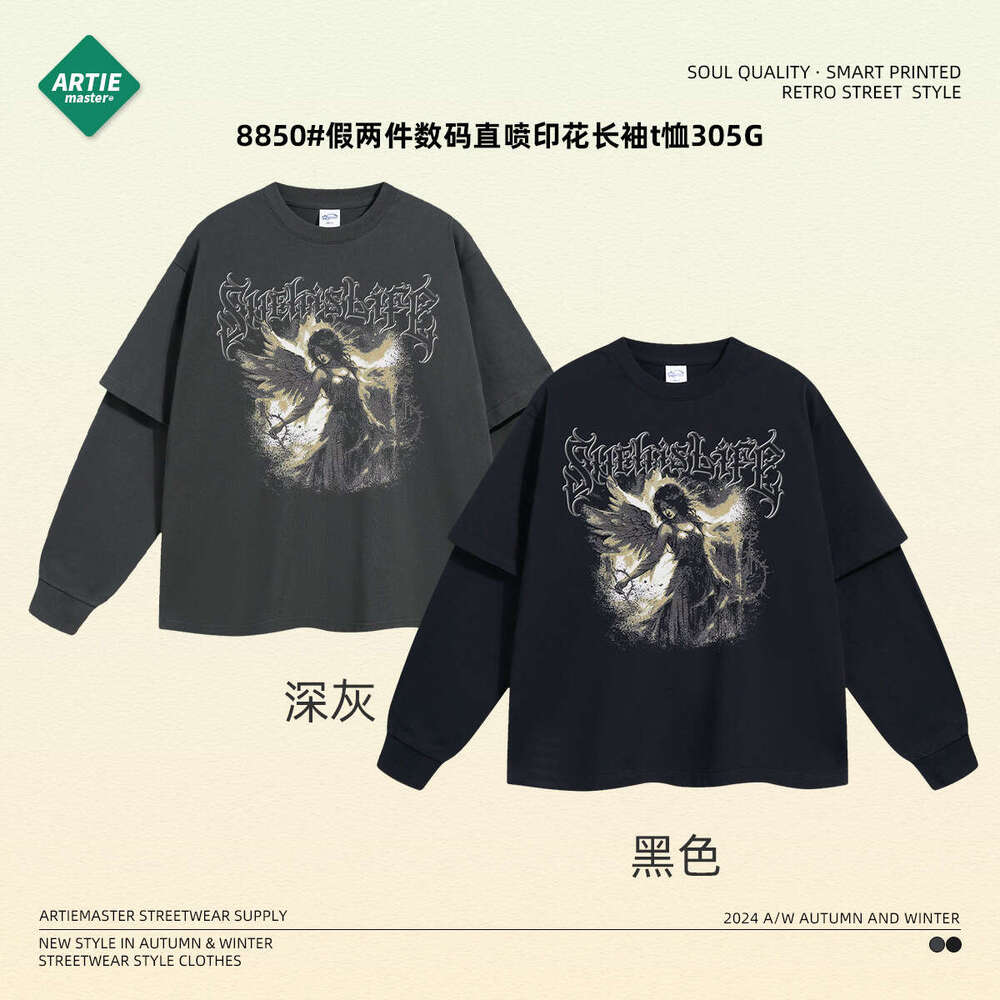 2024 Autumn New Trendy Brand Digital Direct Spray Fake Two Piece Printed Long Sleeve for Loose Bottom Men's T-shirt