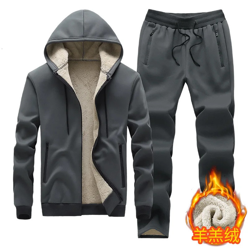 Hooded lambskin medium and elderly large size warm suit with plush thick hoodie jacketthick pants twopiece set 241209