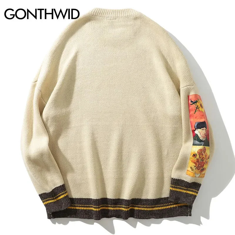 GONTHWID Van Gogh Sleeve Patchwork Pullover Knit Sweater Mens Hip Hop Embroidery Crewneck Knitwear Sweaters Streetwear Tops 241209