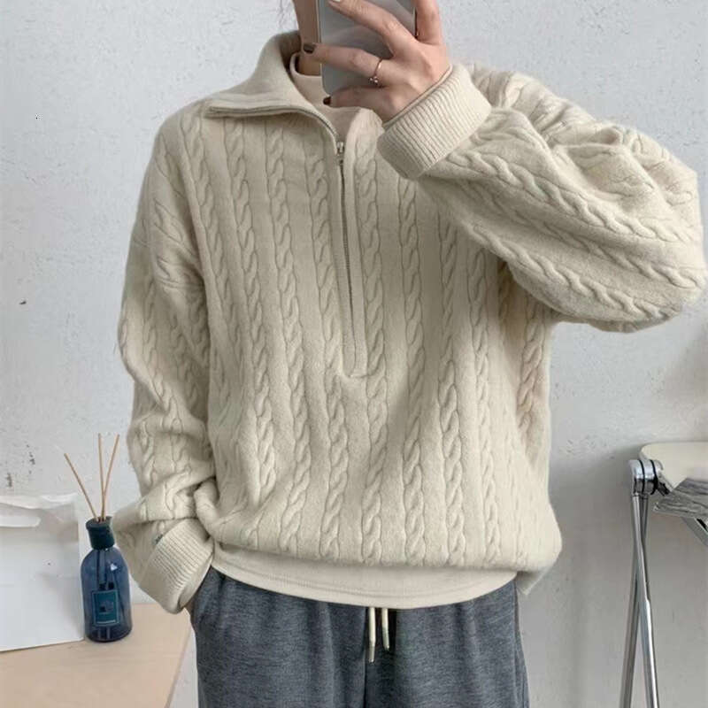 Korean lapel Fried Dough Twists half zip knitted sweater women's autumn and winter new style retro lazy short pullover top