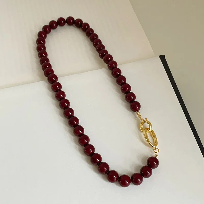 Minar French Dark Red Agate Natural Stone Chain Beaded Necklace Suitable for Women Gold Plated Chain Double Open Buckle Round Necklace 241210