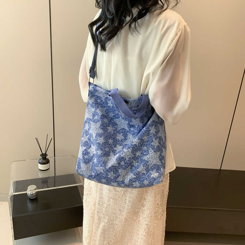 Splicing contrasting denim canvas large capacity bag women fashion tote bag shopping bag 241215