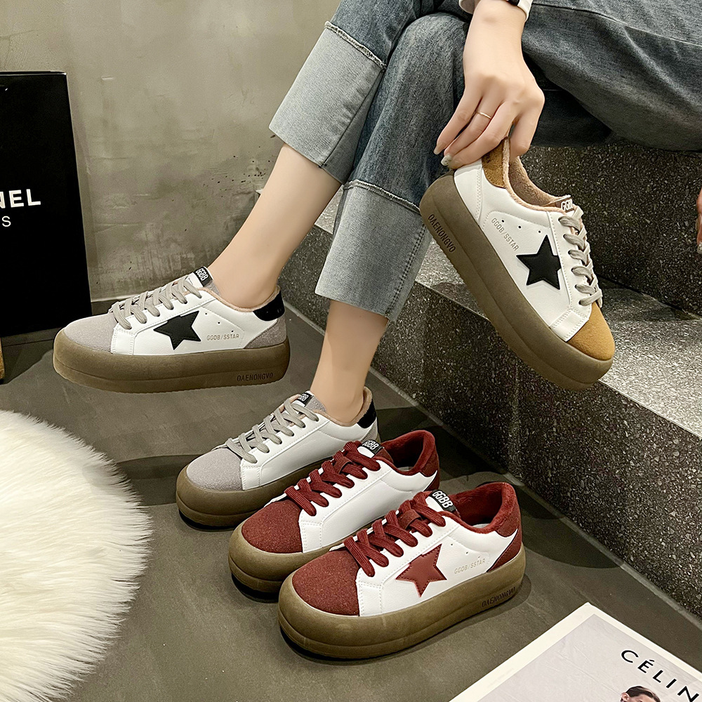 Women Casual Shoes:Fashion Star Design Thick Sole Versatile Spring Leather Korean Version Retro Trendy,Red/Grey/Khaki,Free shipping