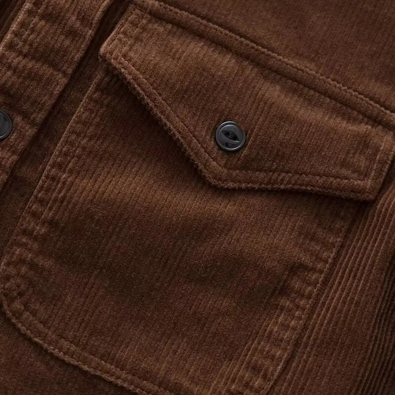 Amekaji Retro Mens US Single Row Bag Open Collar Woolen Sweater with Multiple Pocket Cargo Long Sleeve Corduroy Casual Top for Men 241209