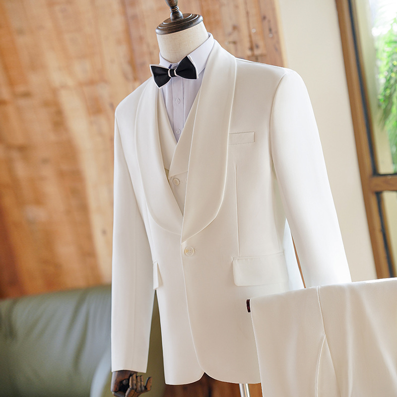 KC00 Men's white suit three-piece host stage performance suit slim handsome groom wedding dinner dress