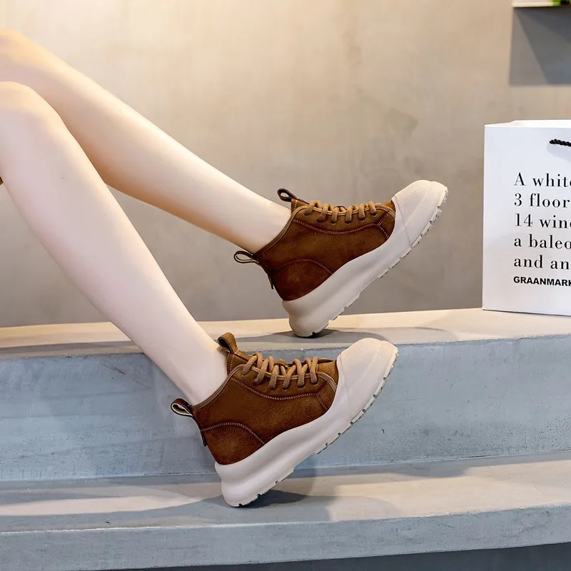 AIYUQI Women's Sneakers Retro Genuine Leather Strappy Women Flats High Top Platform Women's Casual Shoes
