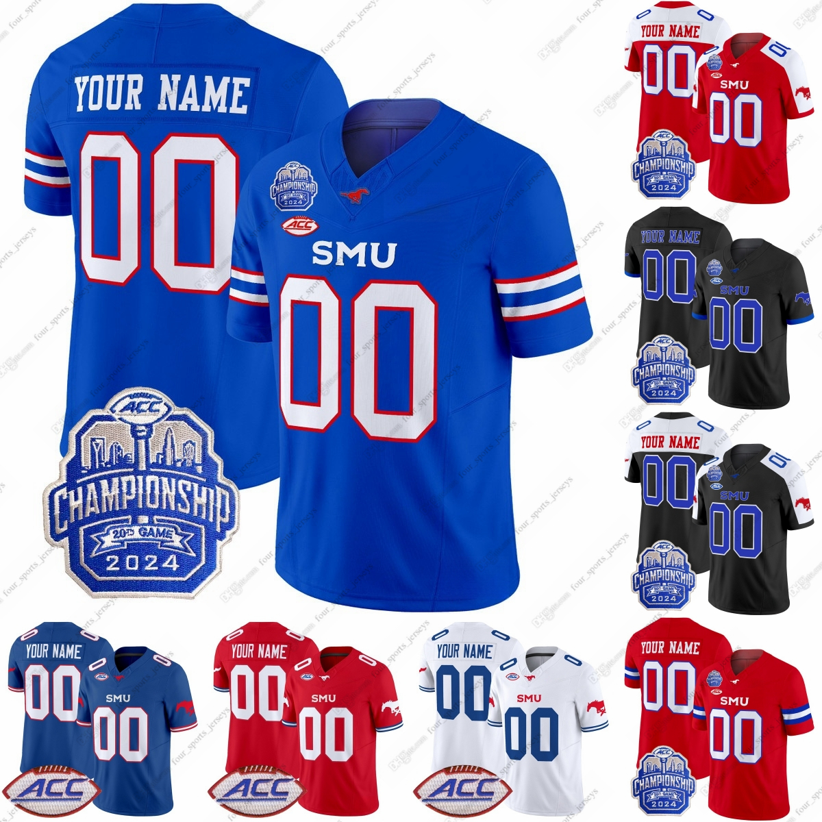 Custom SMU Mustangs Football Jerseys 2024 ACC Championship Patch 7 Kevin Jennings 1 Brashard Smith 82 RJ Maryland 11 LJ Johnson 19 Eric Dickerson 37 Doak Walker Four