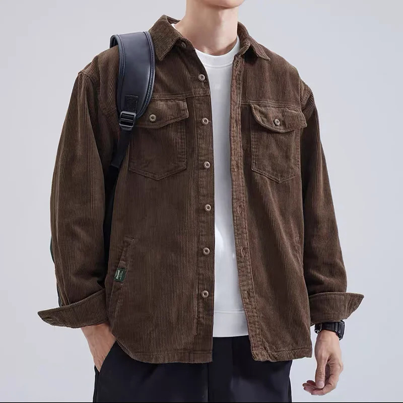 American style cargo shirt mens cotton coral fleece loose long sleeved top solid color multi pocket casual jacket autumn 241209