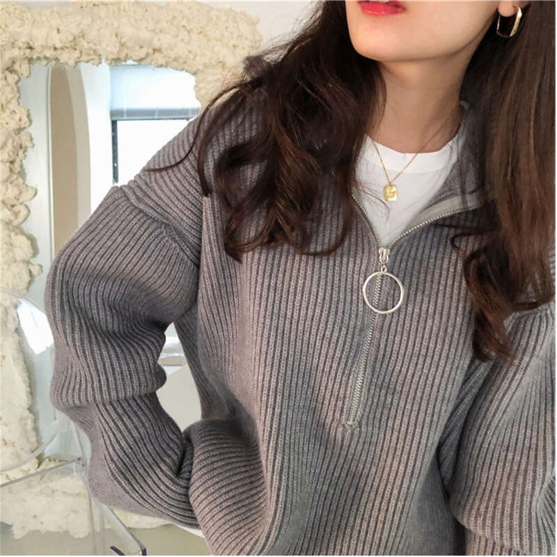 Korean style autumn and winter new loose fitting pullover high neck design, zipper pit stripe knit sweater, thick women's clothing for external w