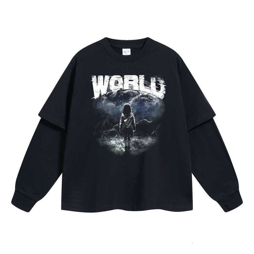 2024 New Trendy Brand Fake Two Piece Digital Printed Long Sleeve T-shirt with No Touch, Men's Loose Casual Bottom Shirt