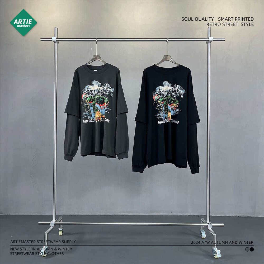 2024 Autumn/Winter New Trendy Brand Men's 305G Fake Two Piece Splicing White Ink Digital Direct Spray Printed Long Sleeve Base for Men