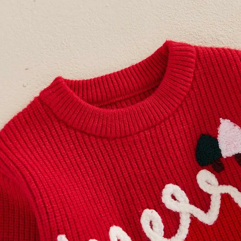 Preschool Baby Christmas Sweater Boys and Girls Alphabet Tree/Santa Claus Embroidered Long Sleeve O-Neck Ribbed Knitted Floral Top 241210