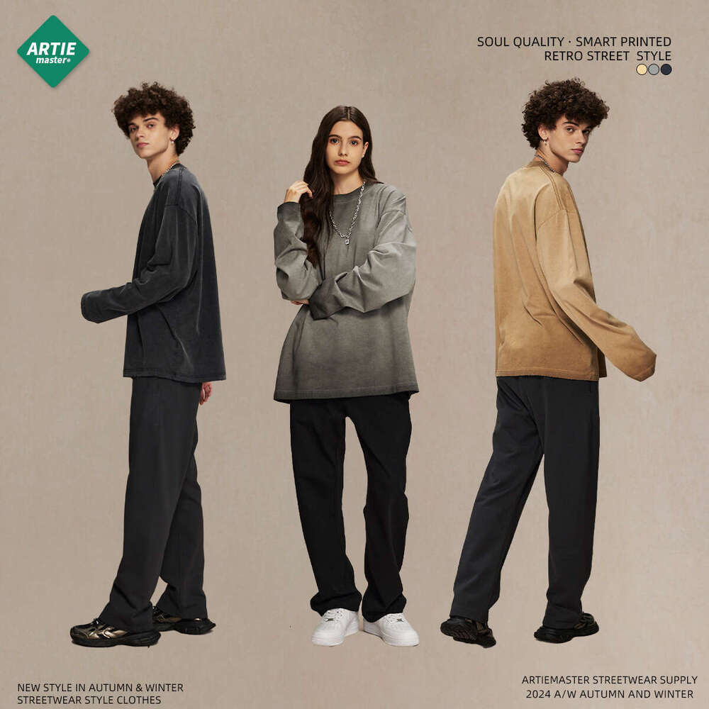 2024 autumn 275g reverse bottom stir fried color street fashion brand wash water t-shirt for men ins dirty dye waste soil retro long sleeved shirt