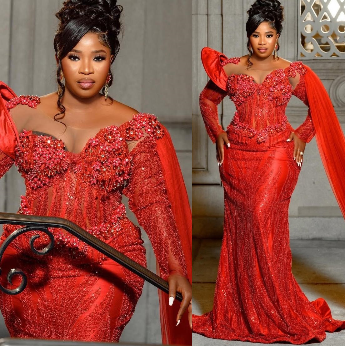 Red Mermaid Prom Dresses 2025 Beaded Pearls Full Sleeves Sequined Evening Formal Party Second Birthday Engagement Gowns Plus Size Dress For Special Oc